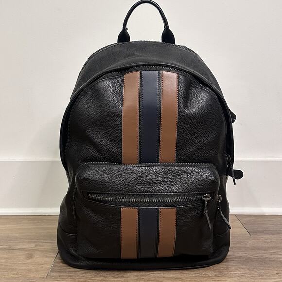 COACH Backpack Varsity Stripe Black Saddle Midnight Leather Bag EUC QBR64 - Picture 1 of 12